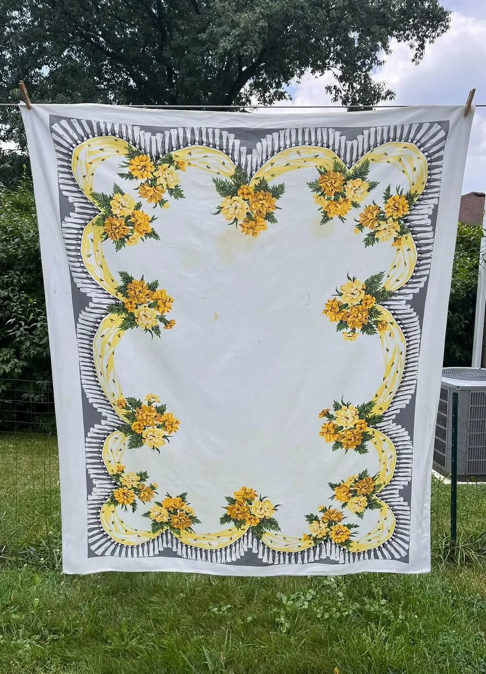 Vintage Yellow and Orange Floral Tablecloth with Swag Fringe Pattern